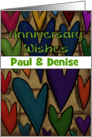 Customizable Happy Anniversary Paul and Denise Colorful Heart Pattern card