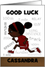 Good Luck Girl Track Runner Dark Skin Customizable Name Cassandra card