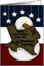 Custom Merry Christmas from Family Name Snowman holds Texas Shape card