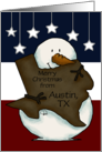 Custom Merry Christmas from Austin TX Snowman holds Texas Shape card