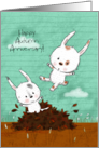 Customizable Fall Themed Happy Anniversary Bunnies and Leaf Pile card