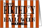 Custom Name Happy Birthday on Halloween Ghost Orange and White Stripes card