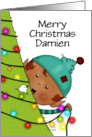 Customizable Elf Decorates Tree Merry Christmas Damien Small Miracles card