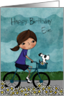 Customizable Name Happy Birthday Evie Young Woman on Bike with Dog card