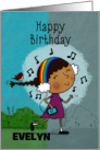 Customizable Happy Birthday to Evelyn Girl Listening to Music card