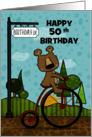 Customized Happy 50th Birthday Bear Riding Bike Birthday Lane card