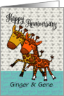 Customizable Happy Anniversary Ginger Gene Skating Giraffe Couple card