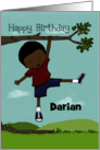 Customizable Happy Birthday Darian Dark Skin Boy Swings on Tree Branch card
