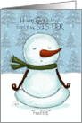Customizable Holiday Greetings Sister FroZEN Meditating Snowman card