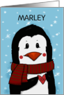 Customizable Name Marley Penguin with Heart Merry Christmas card