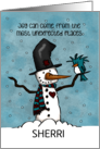 Customizable Name Sherri Snowman with Bird Friend Merry Christmas card