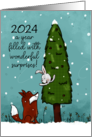 Fox Surprised by Bunny in Pine Tree Customizable Happy New Year 2024 card