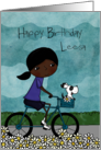 Customizable Birthday for Leesa Young Woman on Bike with Dog card