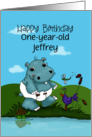 Little Diapered Hippo Customizable Happy 1st Birthday Jeffrey card