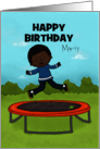 Customizable Happy Birthday Marty Boy Dark Skin Jumping on Trampoline card