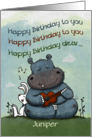 Customizable Happy Birthday Juniper Hippo Guitar and Bunny Singing card