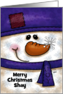 Customizable Merry Christmas for Shay Snowman with Snowflakes Purple card