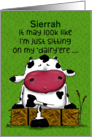 Happy Birthday Sierrah Cow Sitting on Hay Bale card