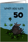 Customizable Happy 50th Birthday Armadillo Rolling in Leaves card