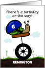 Snail Riding Unicycle Customizable 6th Birthday on the Way Remington card