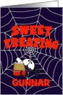 Customizable Name Happy Halloween Spider Caught Candy Corn in Web card