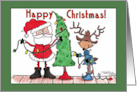 Happy Christmas Santa and Reindeer Decorating Tree card