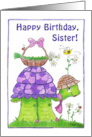 Happy Birthday for Sister Turtle with Basket of Flowers card