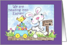 Happy Easter Heading into Easter Bunny Pulls Chick in Wagon with Eggs card