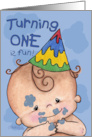 First Birthday Invitation for Boy Baby with Blue Icing on His Face card