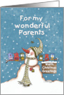 Warm Christmas Greetings for Parents Snowman and Bird Friends card