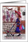 Happy Birthday Lady in Red Hat Shopping with Poodle Dog card