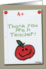 Thank You for Pre-K Teacher-A+ Notebook Paper card