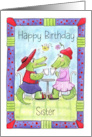 Birthday for Sister Alligators in Red Hats Drinking Coffee card