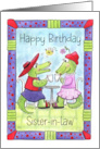 Sister in Law Birthday Wish Alligators Wearing Red Hats with Coffee card