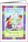 Alligators in Red Hats Drinking Coffee Share the Joy of the Lord card