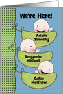 Custom Birth Announcement Triplet Boys-Peapod Babies for light skin card