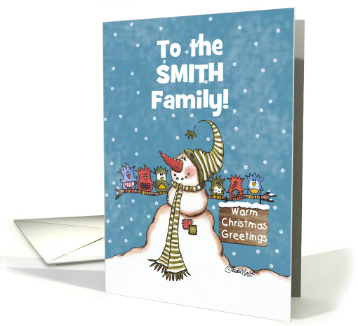Custom Name Christmas Greetings Snowman and Bird Friends card