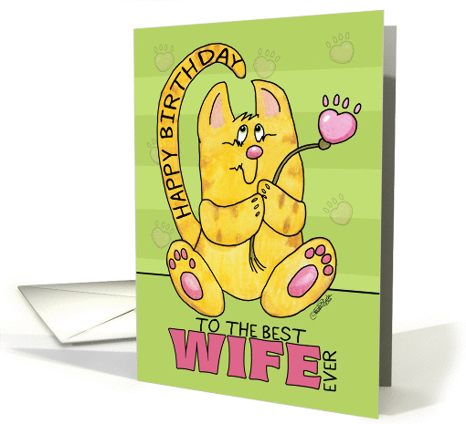 Happy Birthday for Wife-Yellow Tabby Cat with Paw Print Flower card