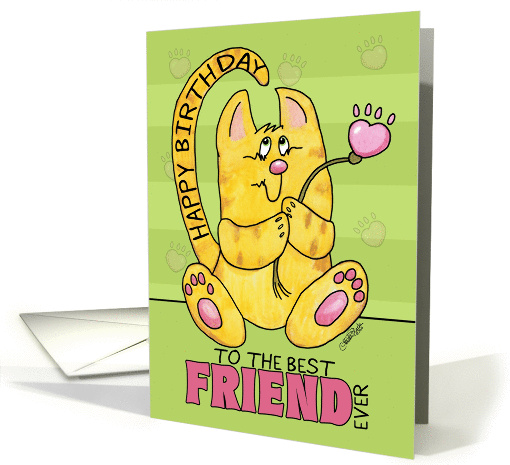 Happy Birthday for Friend-Yellow Tabby Cat with Paw Print Flower card