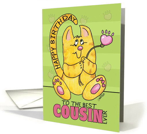 Happy Birthday for Cousin-Yellow Tabby Cat with Paw Print Flower card