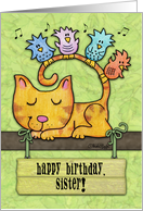 Customizable Birthday for Sister Kitty and Birds in Tree with Sign card