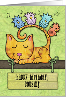 Customizable Birthday for Cousin Kitty and Birds in Tree with Sign card