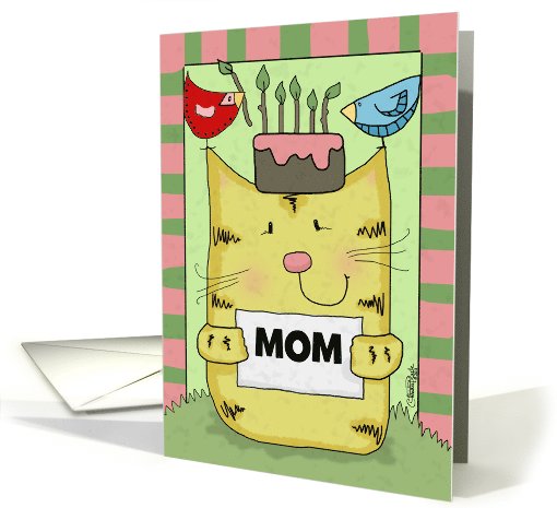 Personalized Birthday for Mom-Kitty with Cake and Birds on Head card