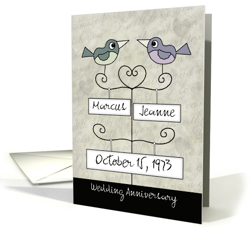 Customizable Happy Anniversary Two Birds on Names and Date Signs card