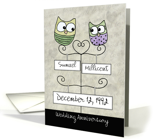 Customizable Happy Anniversary- Two Owls on Names and Date Signs card