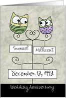 Customizable Happy Anniversary- Two Owls on Names and Date Signs card