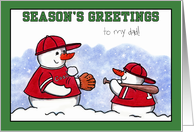 Customizable Season’s Greetings to Dad Snowmen Baseball Christmas card