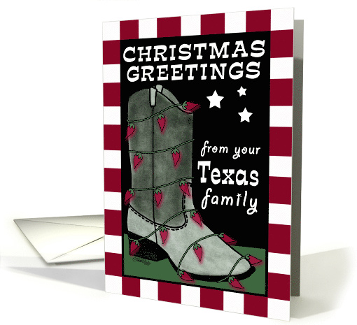 Merry Christmas from Texas Family Cowboy Boot Chili Pepper lights card