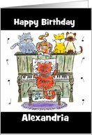 Customizable Name Happy Birthday Alexandria Cats and Piano card