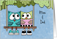 Customizable Happy Anniversary for Mom and Dad Two Owls on Tree Swing card